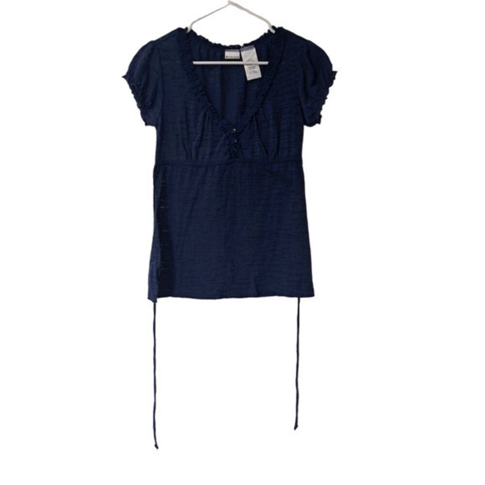 No Boundaries Women's Short Puff Sleeve V‎ neck Stretch Blouse Navy Blue Small
